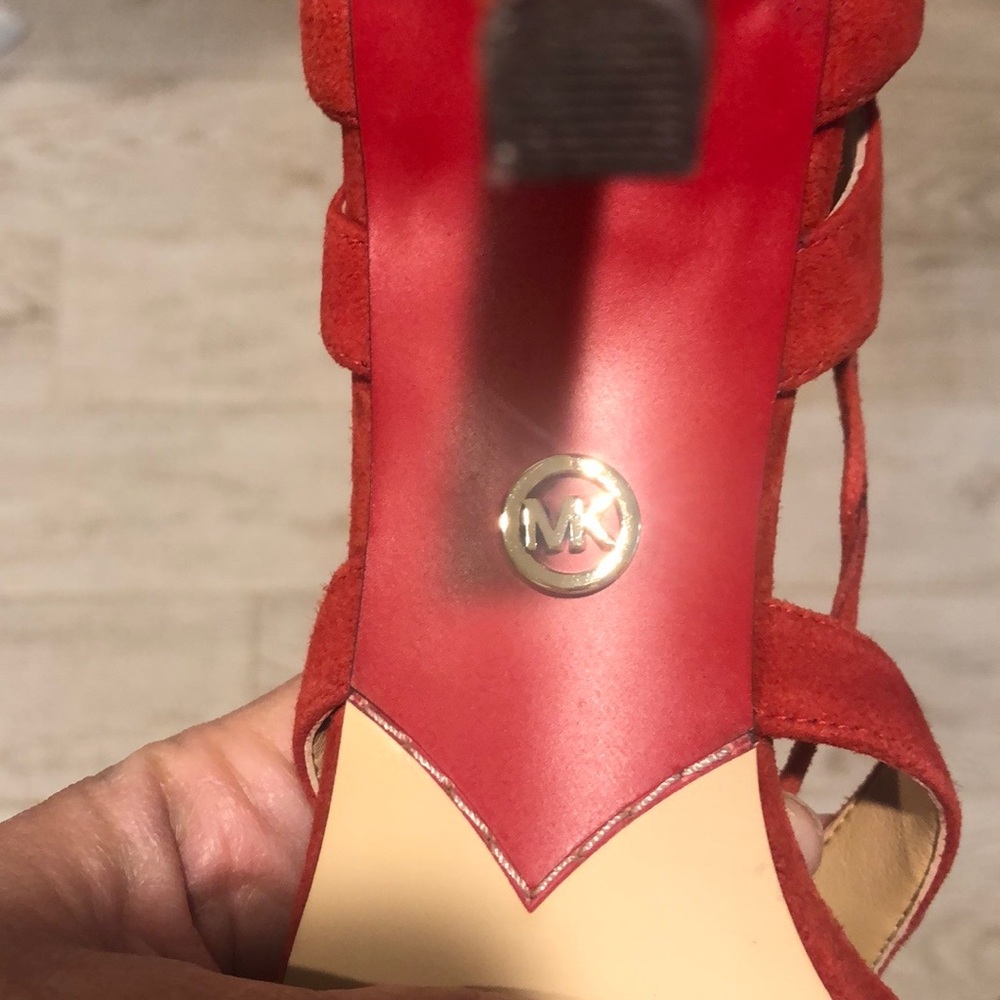 Michael Kors Red Mirabel Suede Strappy Sandal Stiletto Heel Straps w/ Tassels - Picture 5 of 8